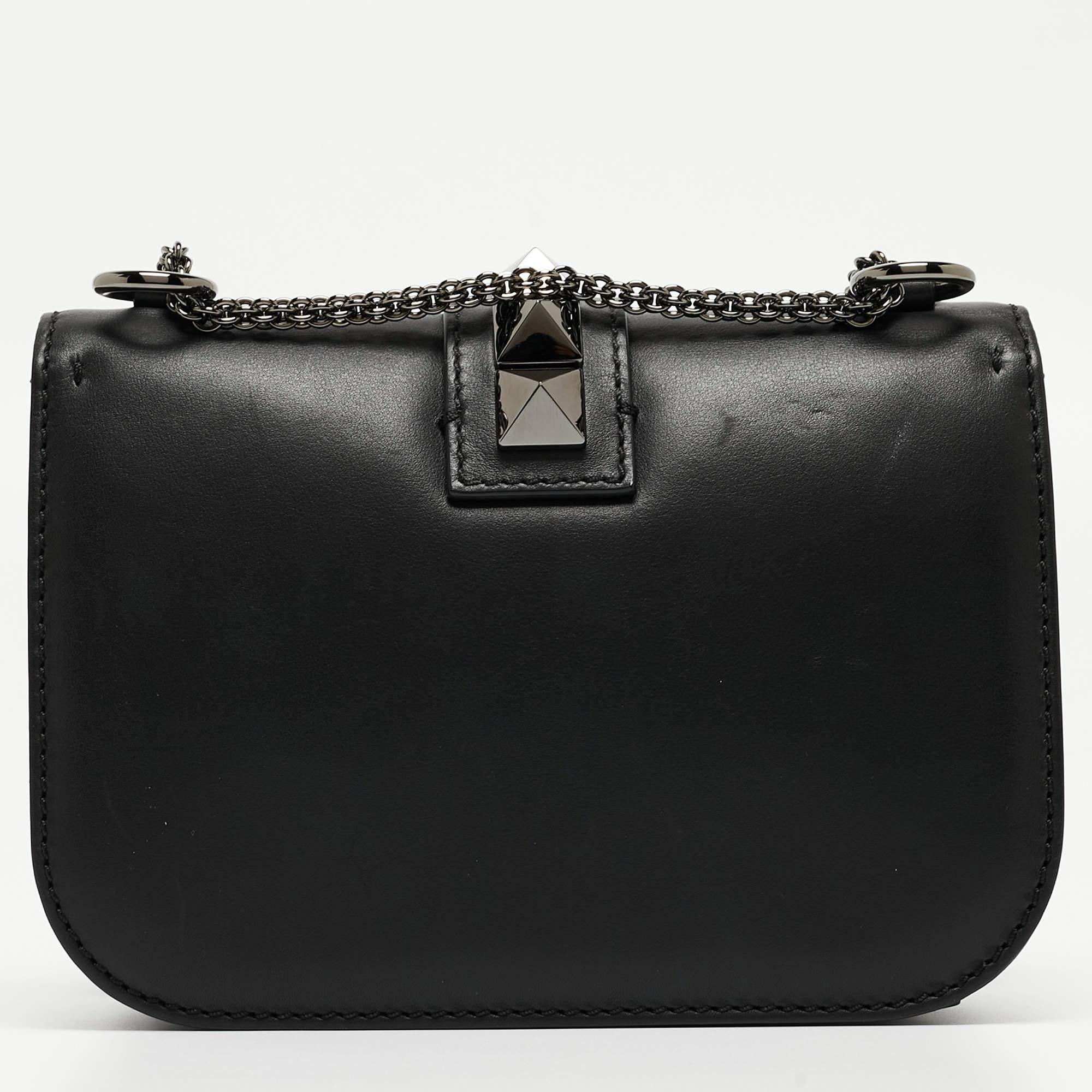 Valentino Black Leather Small Rockstud Glam Lock Flap Bag For Sale 11