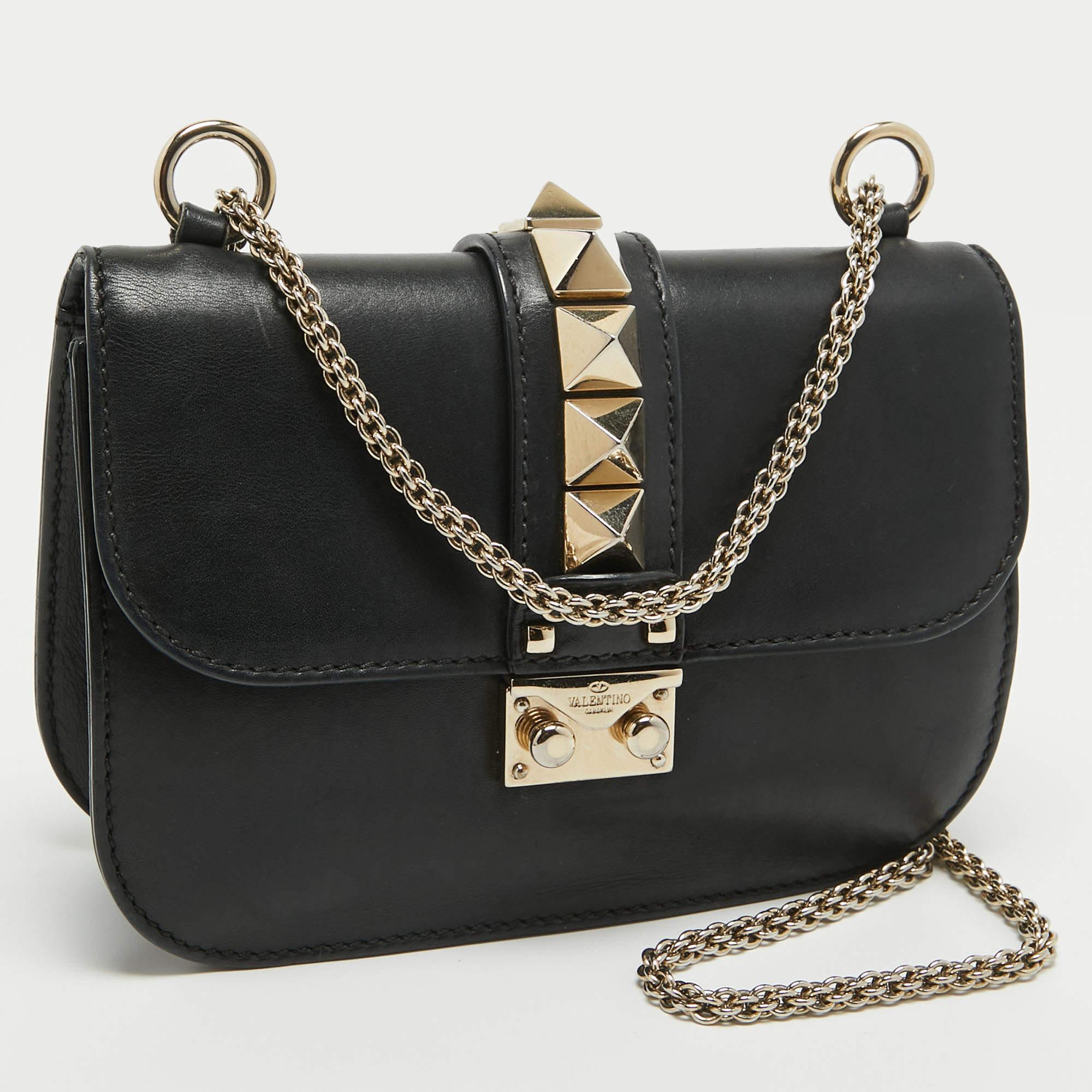 Women's Valentino Black Leather Small Rockstud Glam Lock Flap Bag For Sale