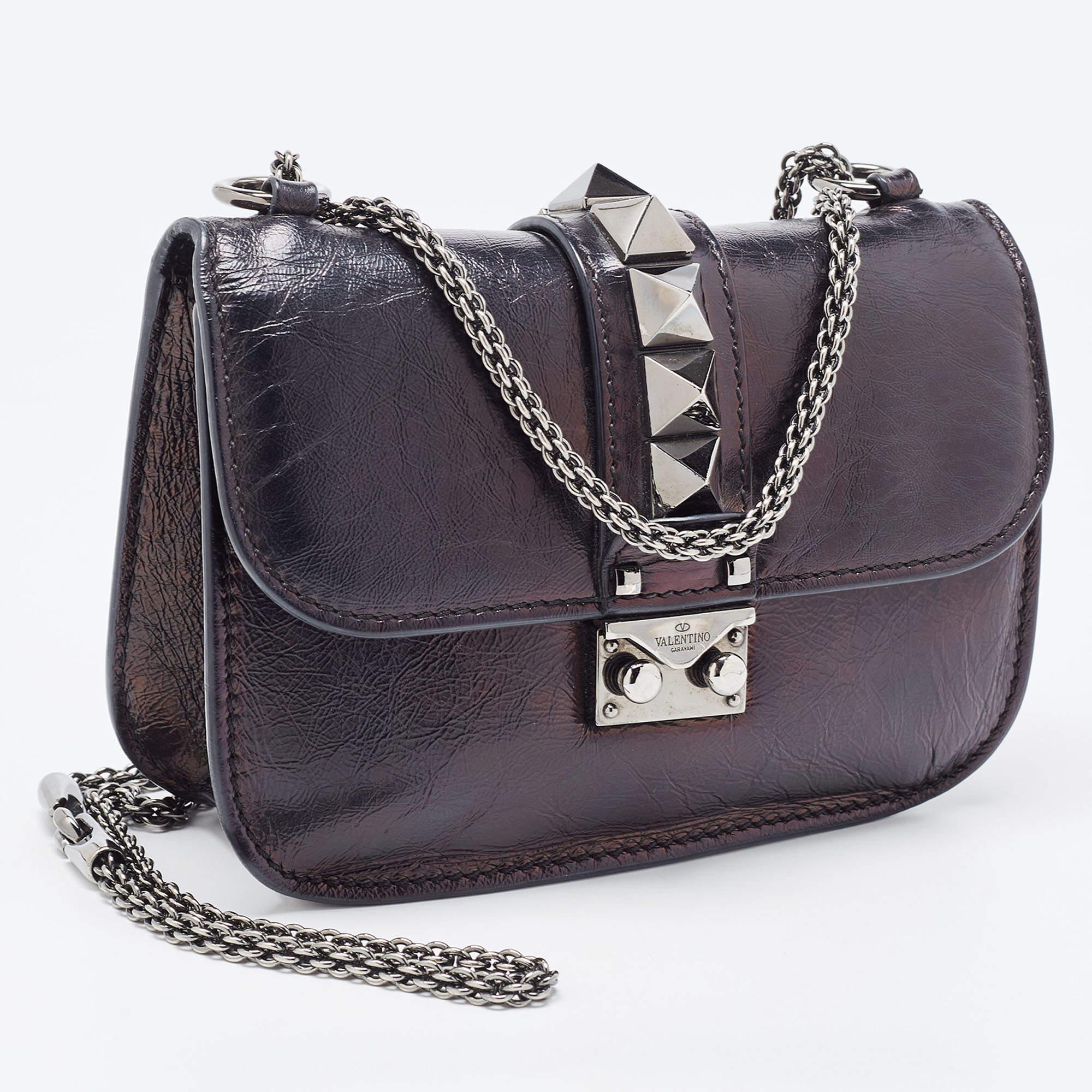 Women's Valentino Black Leather Small Rockstud Glam Lock Flap Bag