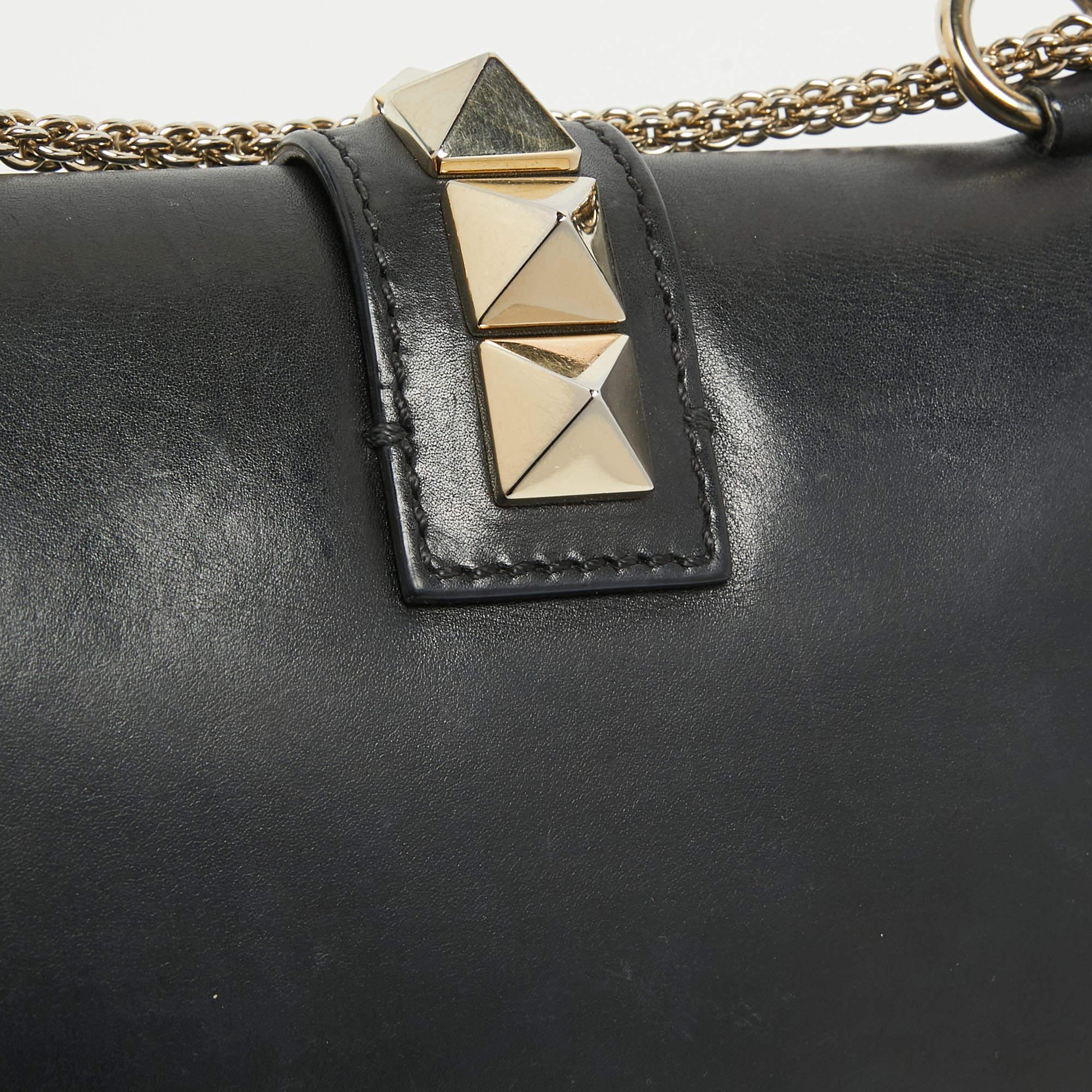 Valentino Black Leather Small Rockstud Glam Lock Flap Bag For Sale 3
