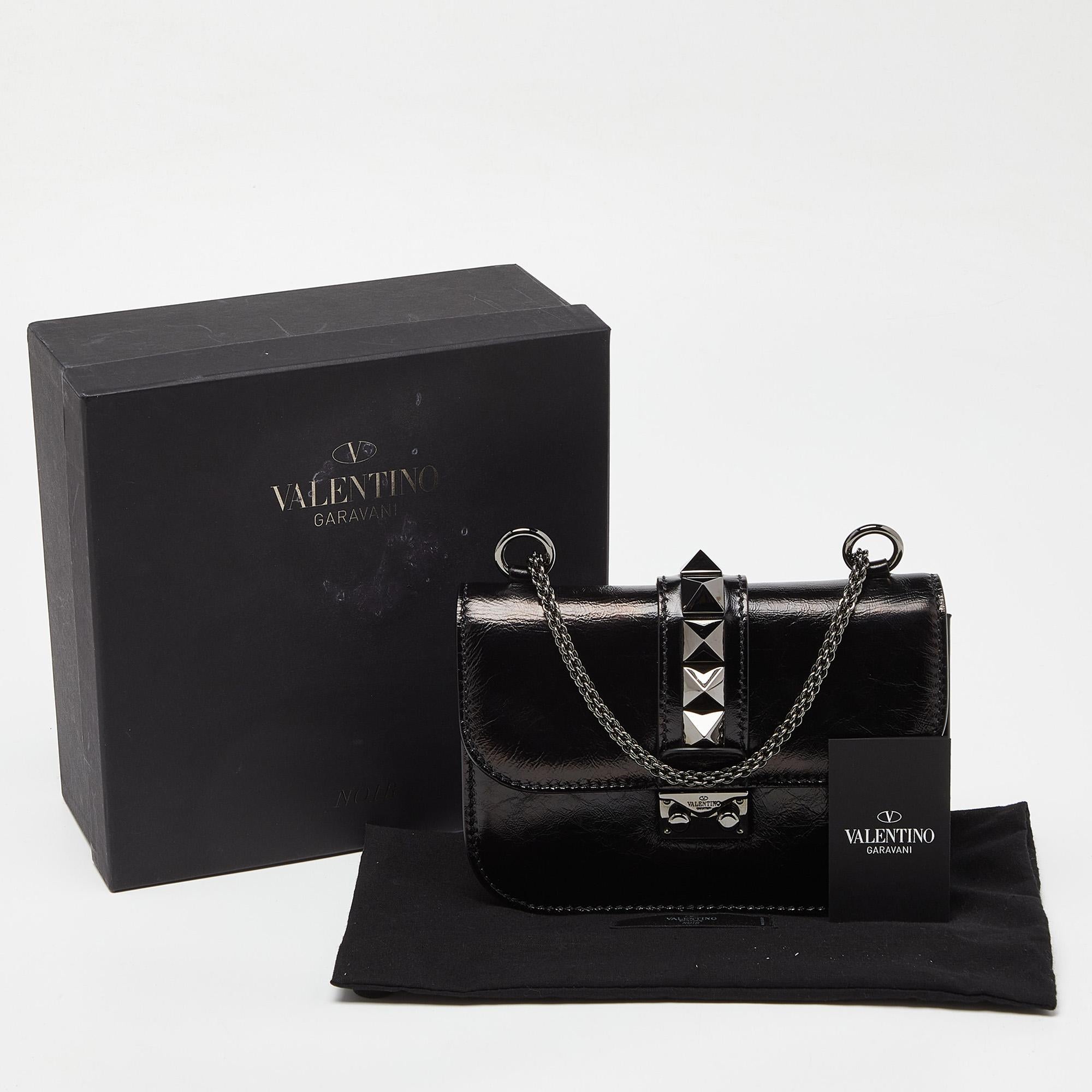 Valentino Black Leather Small Rockstud Glam Lock Flap Bag For Sale 3