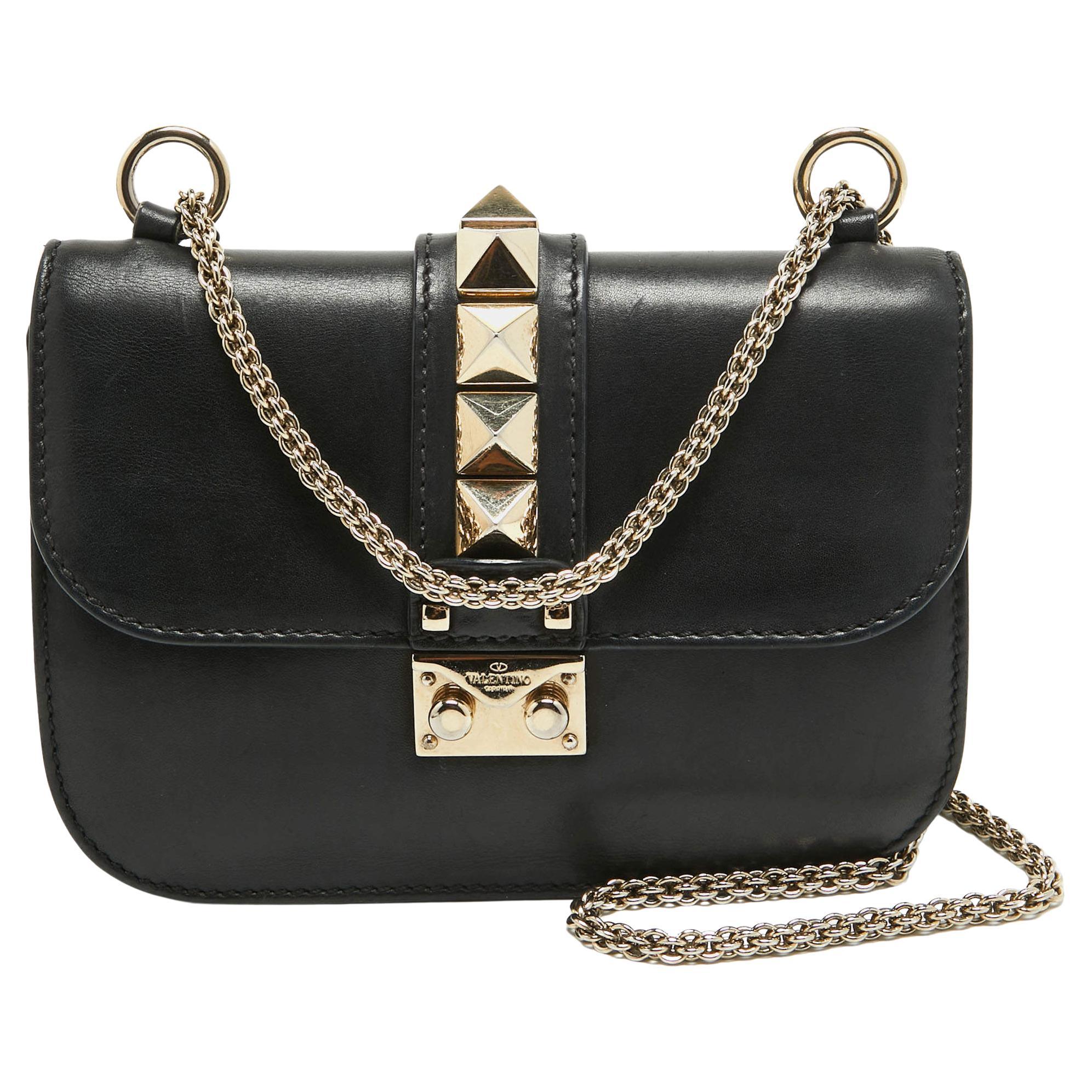 Valentino Black Leather Small Rockstud Glam Lock Flap Bag For Sale