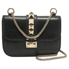 Used Valentino Black Leather Small Rockstud Glam Lock Flap Bag