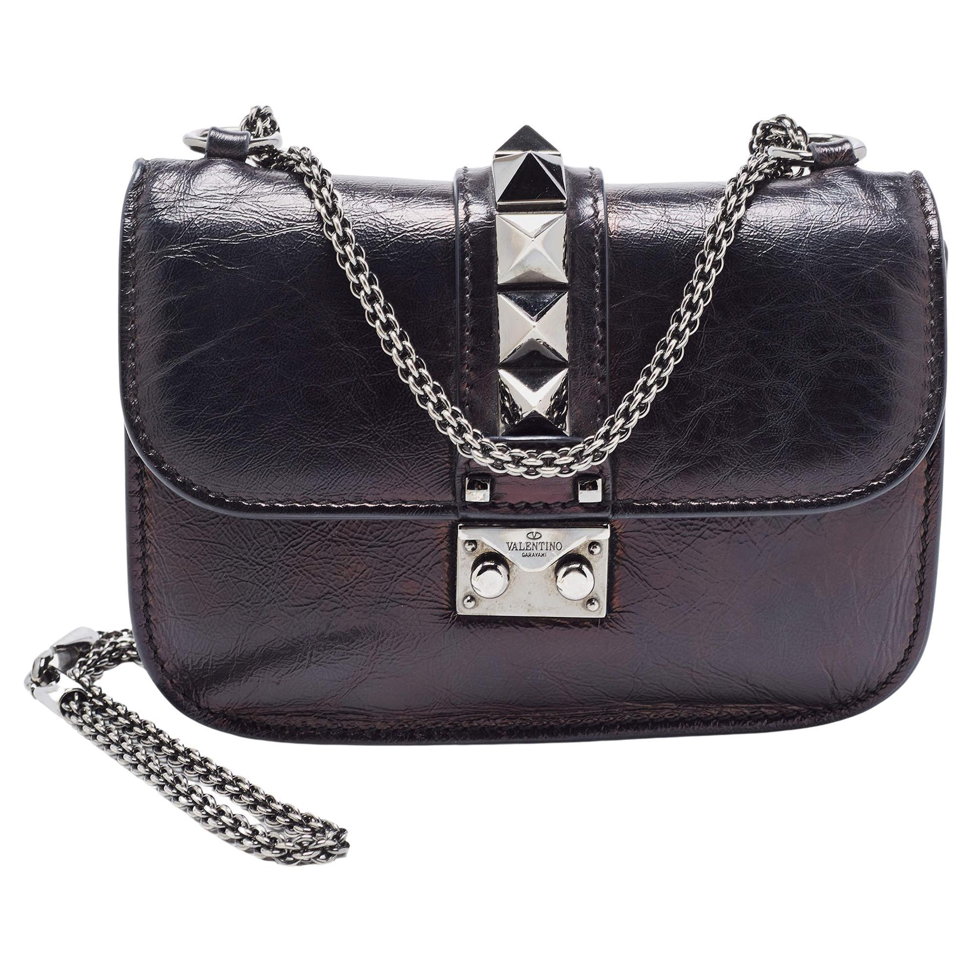 Valentino Black Leather Small Rockstud Glam Lock Flap Bag