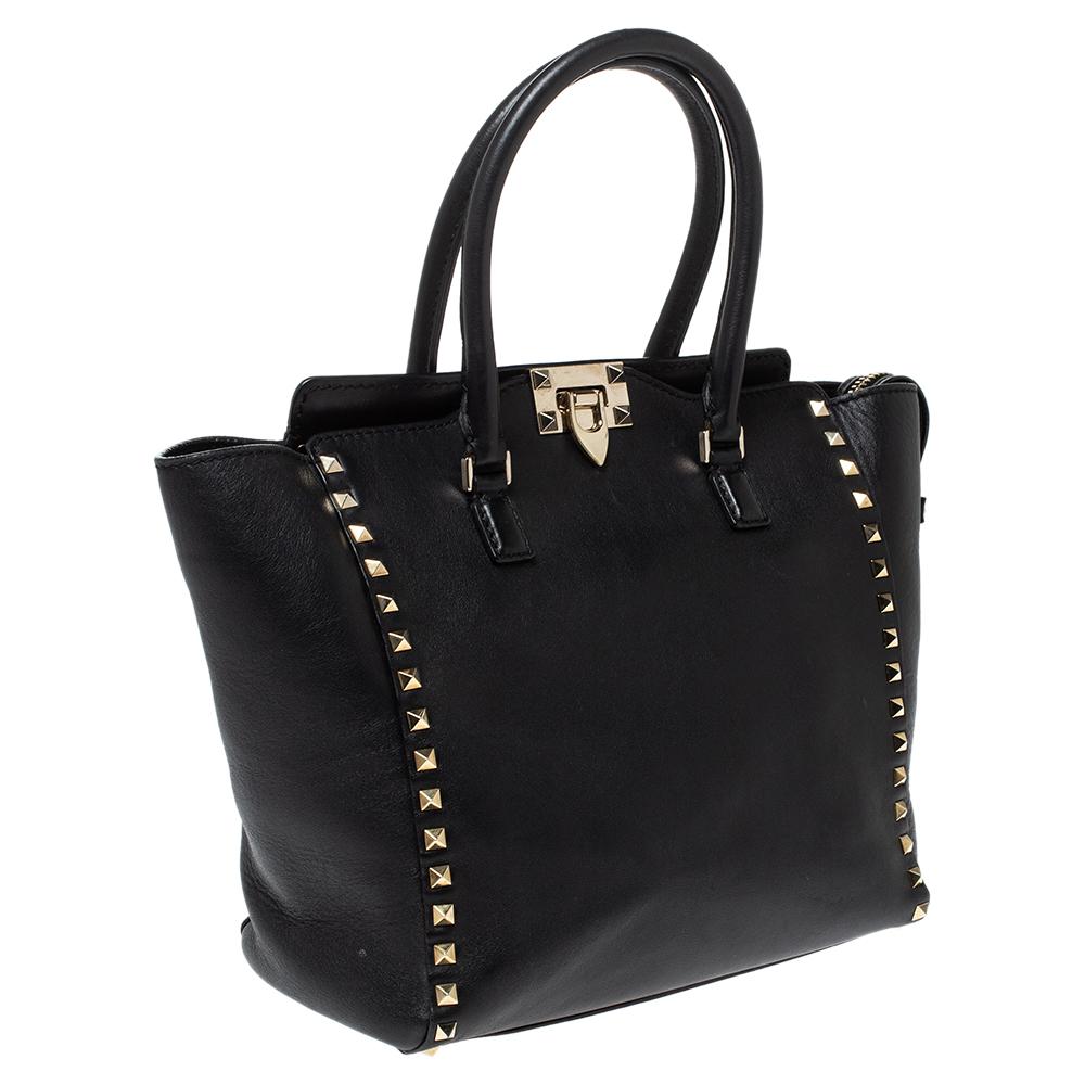 Women's Valentino Black Leather Small Rockstud Shopper Tote