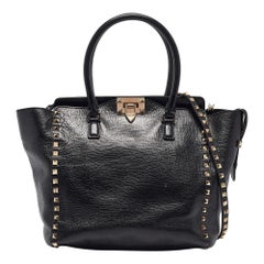 Valentino Black Leather Small Rockstud Trapeze Tote