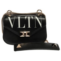 Valentino Black Leather Small VLTN Chain Shoulder Bag