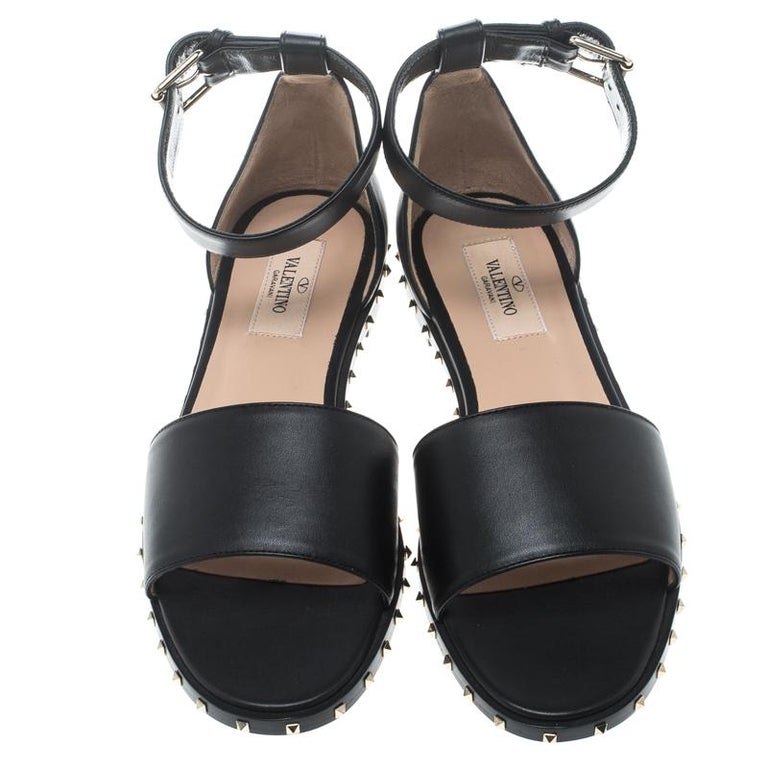Valentino Black Leather Soul Rockstud Ankle Strap Flat Sandals Size 37 ...
