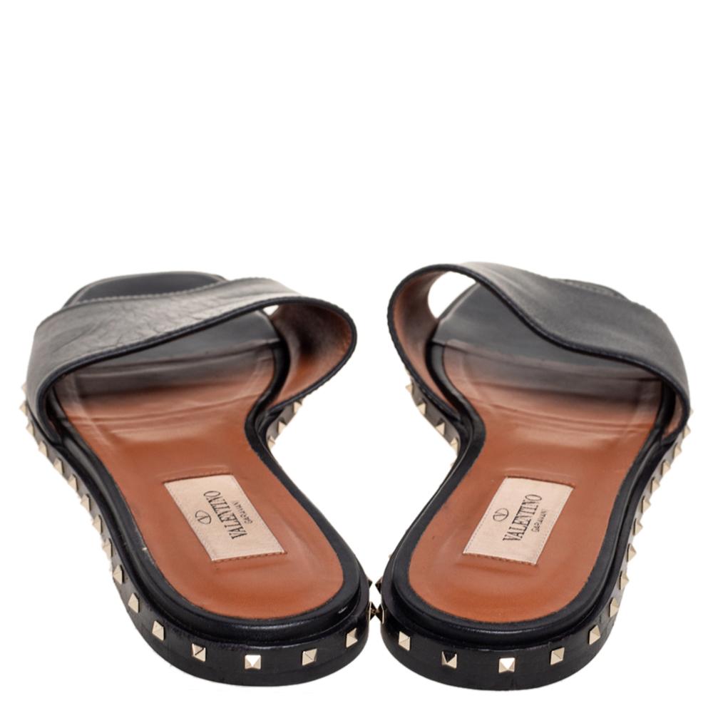 Women's Valentino Black Leather Soul Rockstud Flat Slides Size 37.5