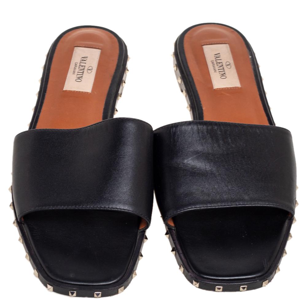 Valentino Black Leather Soul Rockstud Flat Slides Size 37.5 1