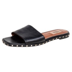 Valentino Black Leather Soul Rockstud Flat Slides Size 37.5