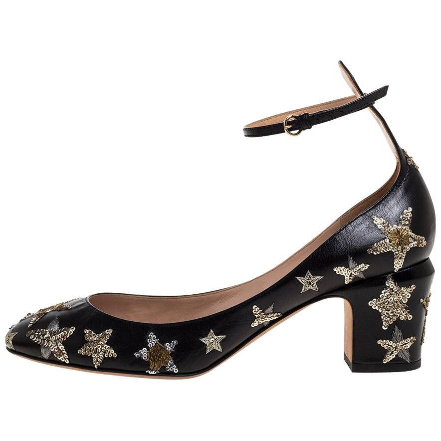 Valentino Black Leather Star Embroidered Tango Pumps Size 39.5