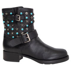 VALENTINO black leather STAR STUDDED BIKER Ankle Boots Shoes 37.5