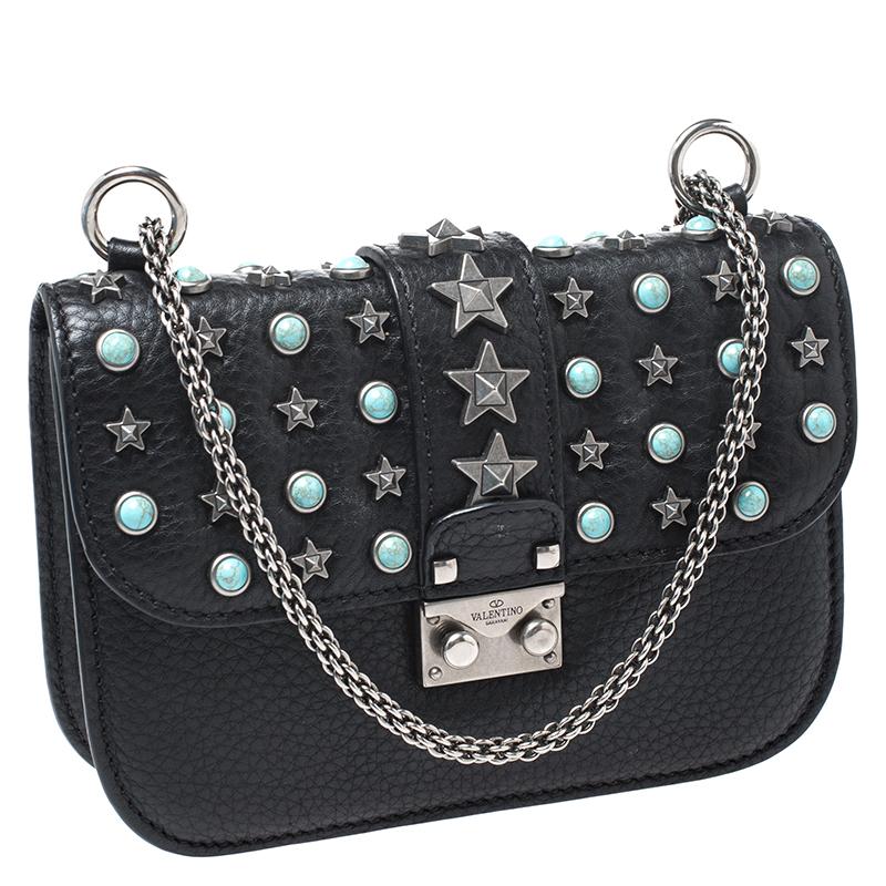 Women's Valentino Black Leather Star Studded Glam Shoulder Bag