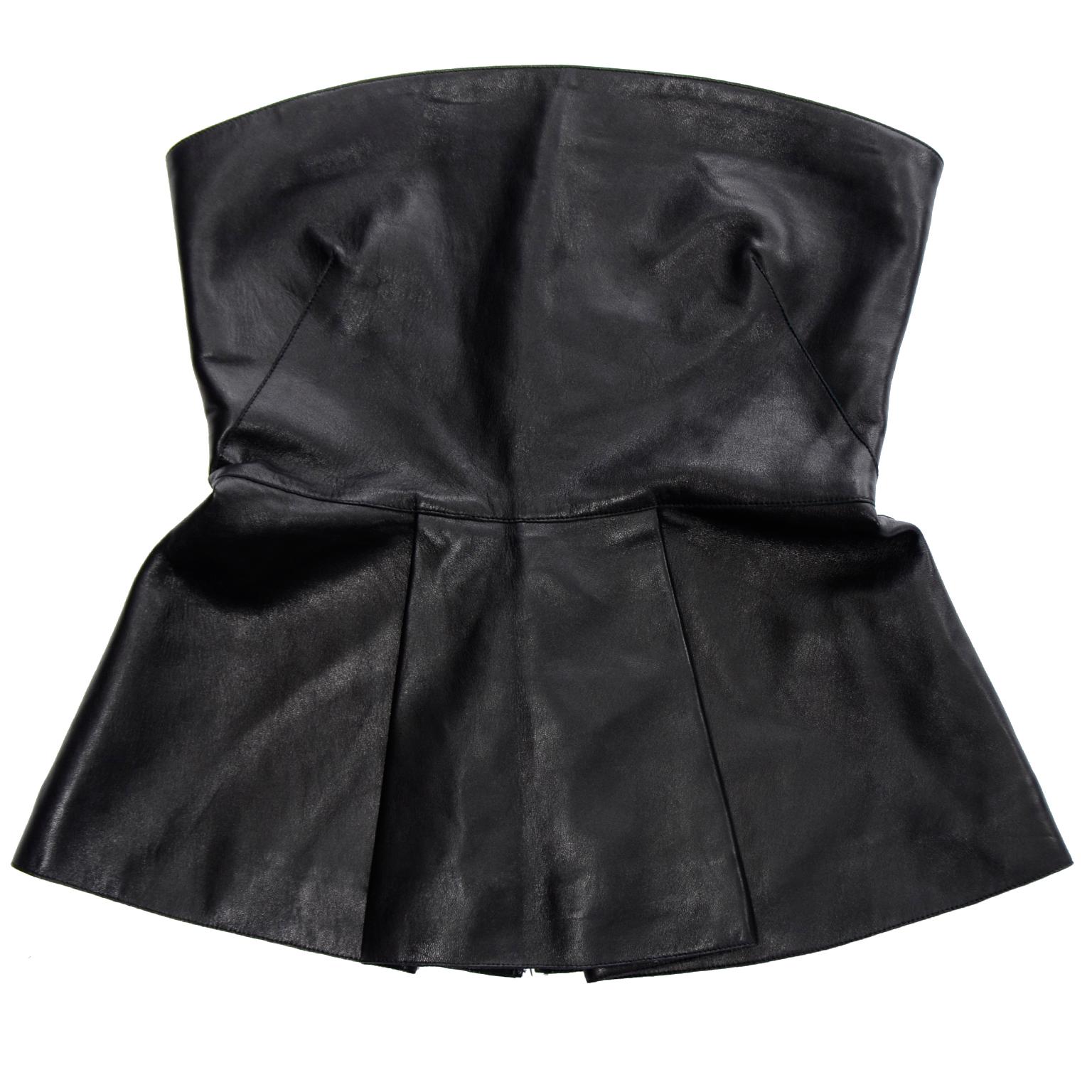 Valentino Black Leather Strapless Bustier Peplum Top In Excellent Condition For Sale In Portland, OR