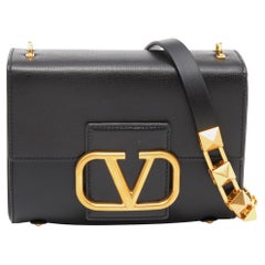 Valentino Black Leather Stud Sign Flap Shoulder Bag