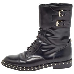 Valentino Black Leather Studded Accents Combat Boots Size 39.5