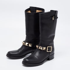 Valentino Black Leather Studded Buckle Midcalf Boots Size 39