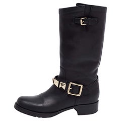 Valentino Black Leather Studded Buckle Midcalf Boots Size 39