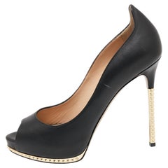 Valentino Black Leather Studded Heel and Platform Peep-Toe Pumps Size 37.5