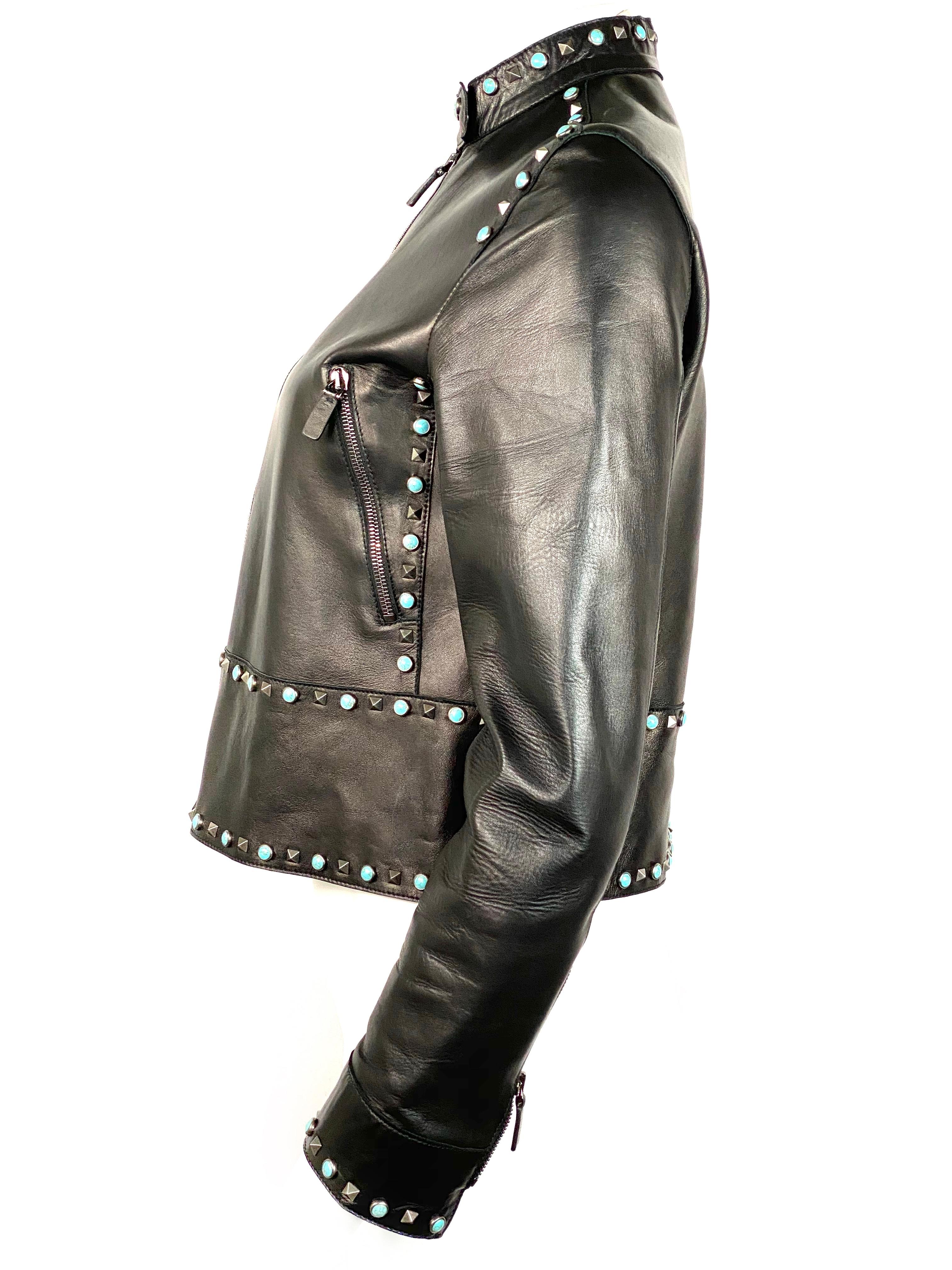 Valentino Black Leather Studded Jacket Size 8 In Excellent Condition For Sale In Beverly Hills, CA