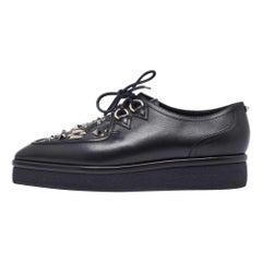 Valentino Black Leather Studded Lace Up Flat Sneakers Size 37.5