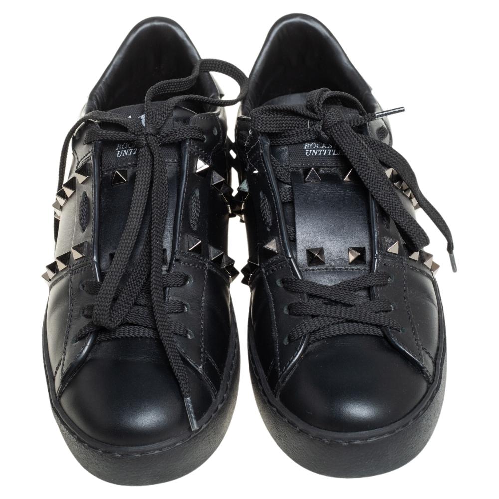 Valentino Black Leather Studded Open Sneakers Size 36 In Good Condition In Dubai, Al Qouz 2