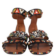 VALENTINO black leather STUDDED R& HAND PAINTED TRIBAL FLAT Sandals Shoes 38