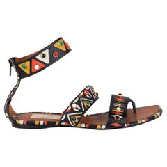 VALENTINO black leather STUDDED R& HAND PAINTED TRIBAL FLAT Sandals Shoes 38