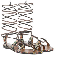 VALENTINO black leather STUDDED R& HAND PAINTED TRIBAL FLAT Sandals Shoes 39.5