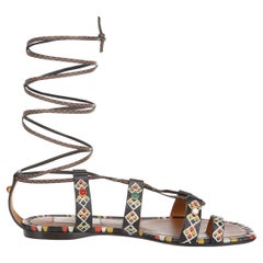 VALENTINO black leather STUDDED R& HAND PAINTED TRIBAL FLAT Sandals Shoes 39.5