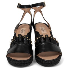 VALENTINO black leather STUDDED RUFFLE TRIM Wedge Sandals Shoes 39