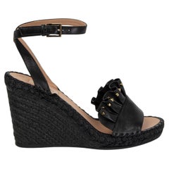 VALENTINO black leather STUDDED RUFFLE TRIM Wedge Sandals Shoes 39