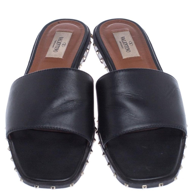 Valentino Black Leather Studded Slip On Slides Size 38.5 For Sale at ...