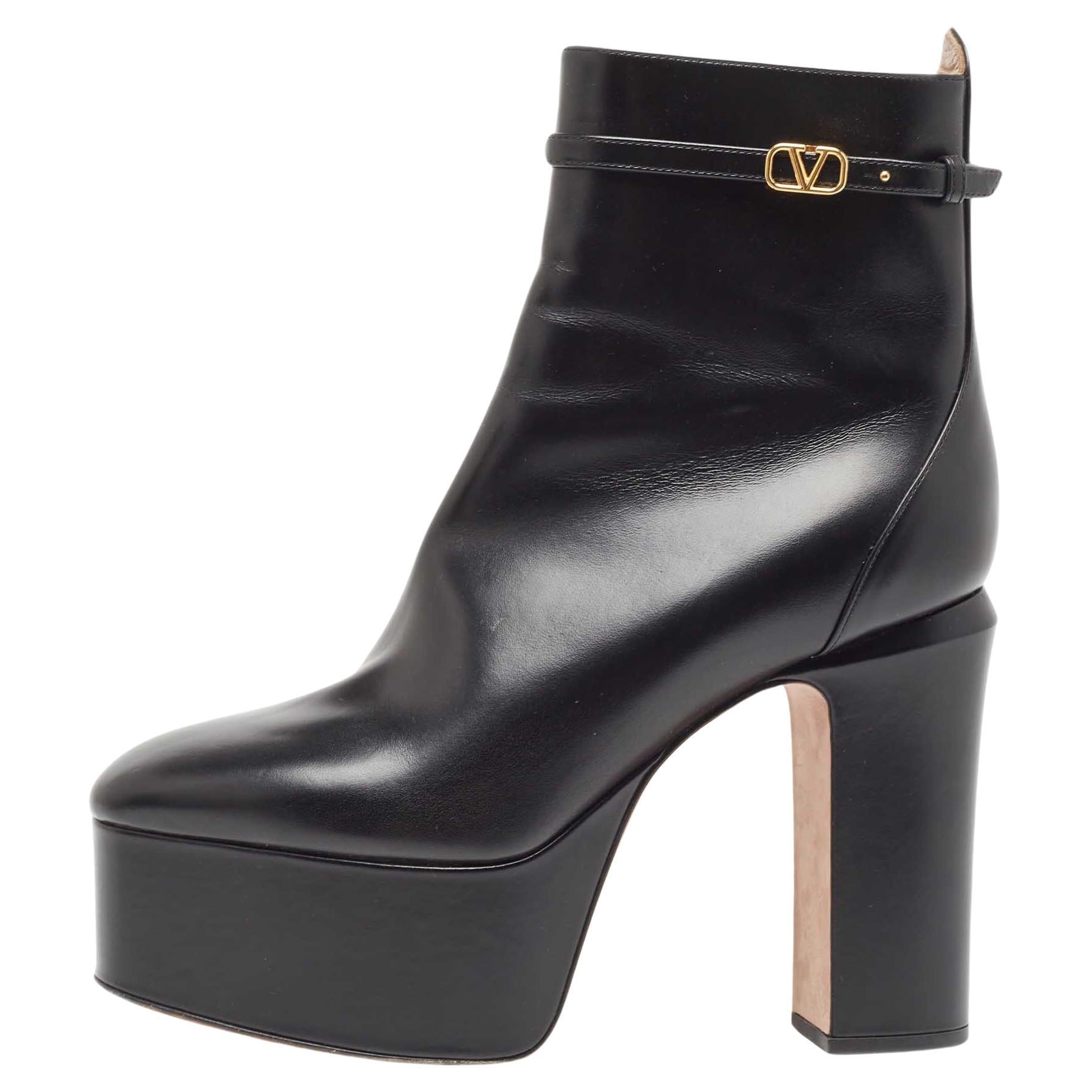 Valentino Black Leather Tango Ankle Boots Size 37.5 For Sale