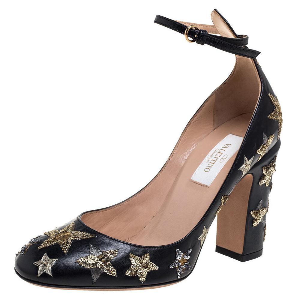 Black Leather Tango Star Ankle Strap Pumps Size 36 at 1stDibs valentino shoes, black star heels, heels with stars on them
