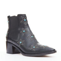 VALENTINO black leather turquoise blue stone star studded ankle boots EU40