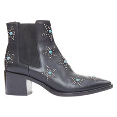 VALENTINO black leather turquoise blue stone star studded ankle boots EU40