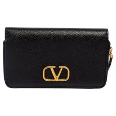 Valentino Black Leather V Logo Card Case Wallet