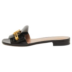 Valentino Black Leather V Logo Flat Slides Size 39