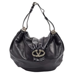 Valentino Leather Black VLogo Crystals Embellished Hobo