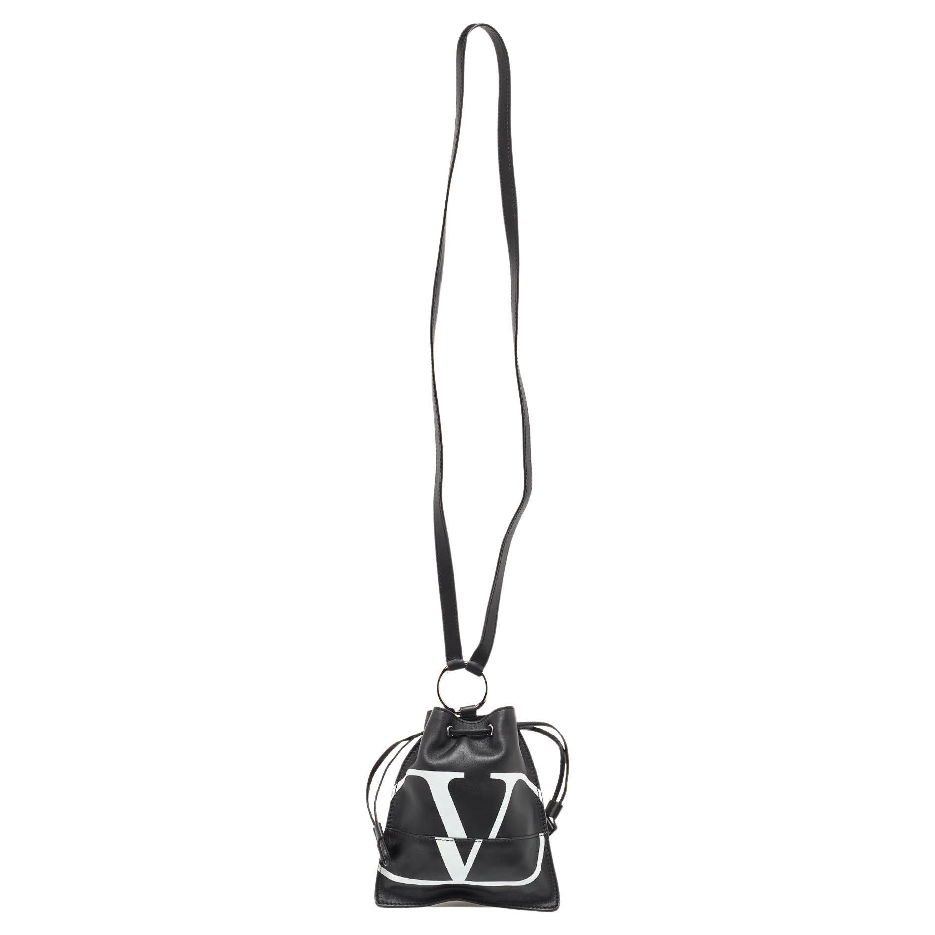 Valentino Black Leather VLogo Drawstring Pouch Bag For Sale
