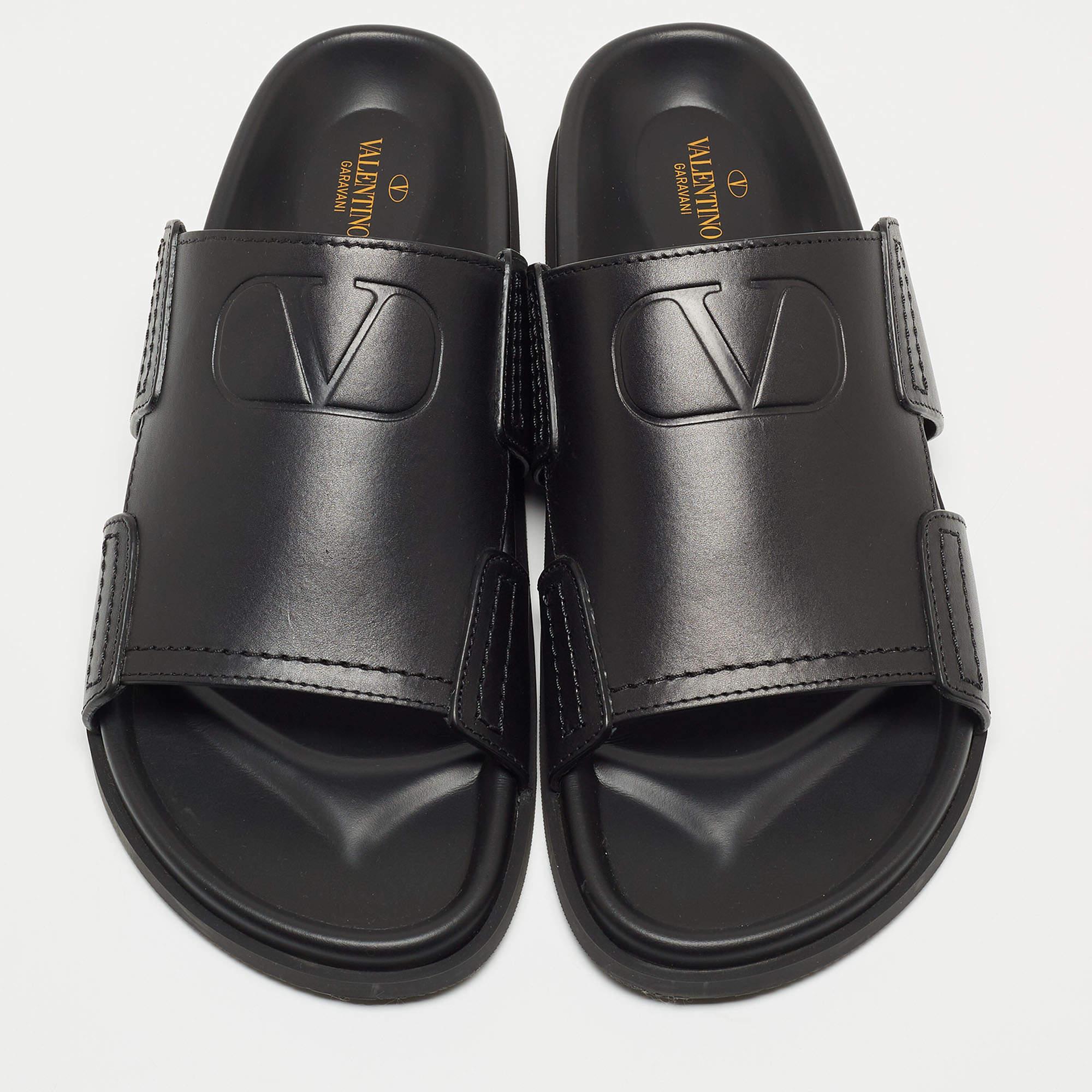 Valentino Black Leather Vlogo Flat Slides  1