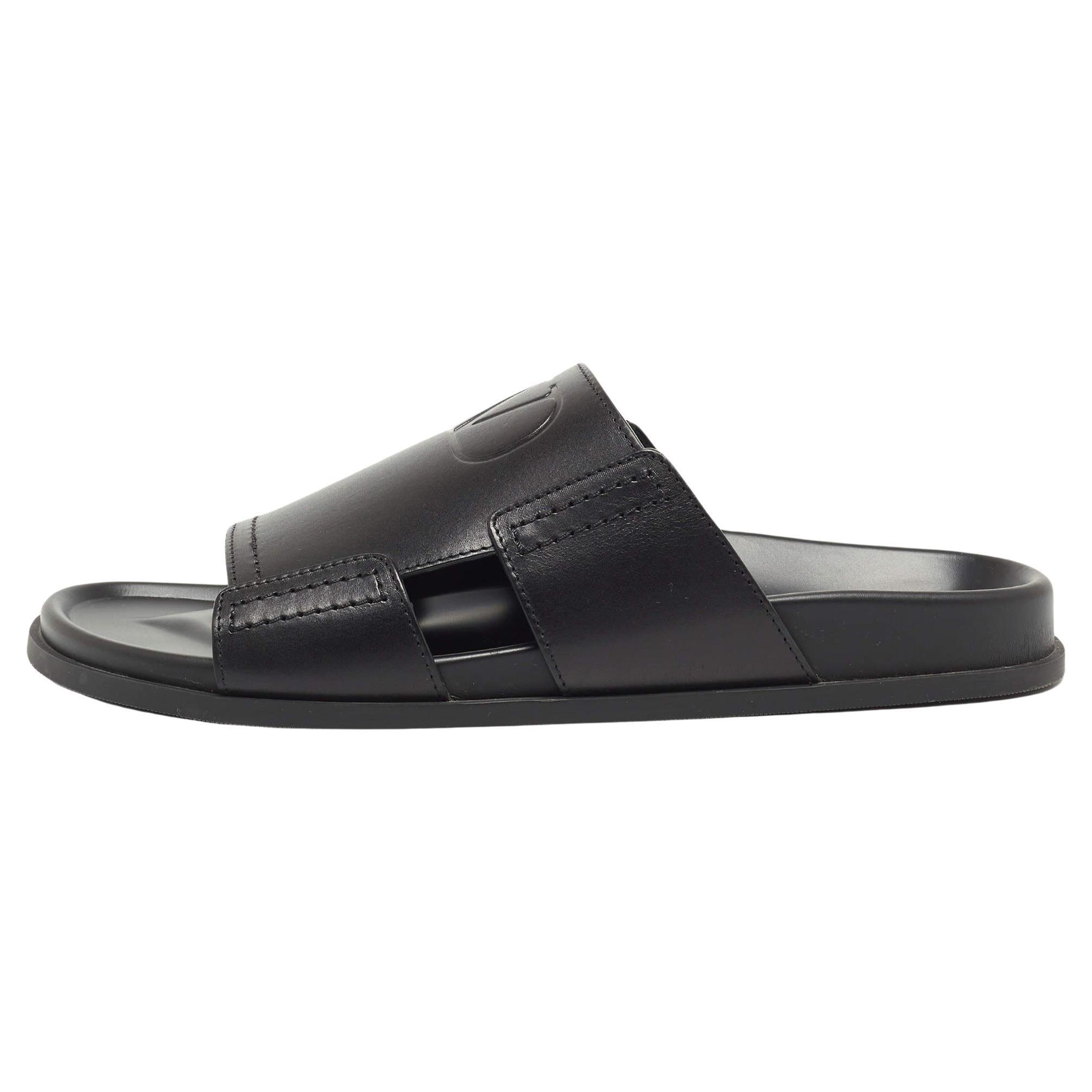 Valentino Black Leather Vlogo Flat Slides 