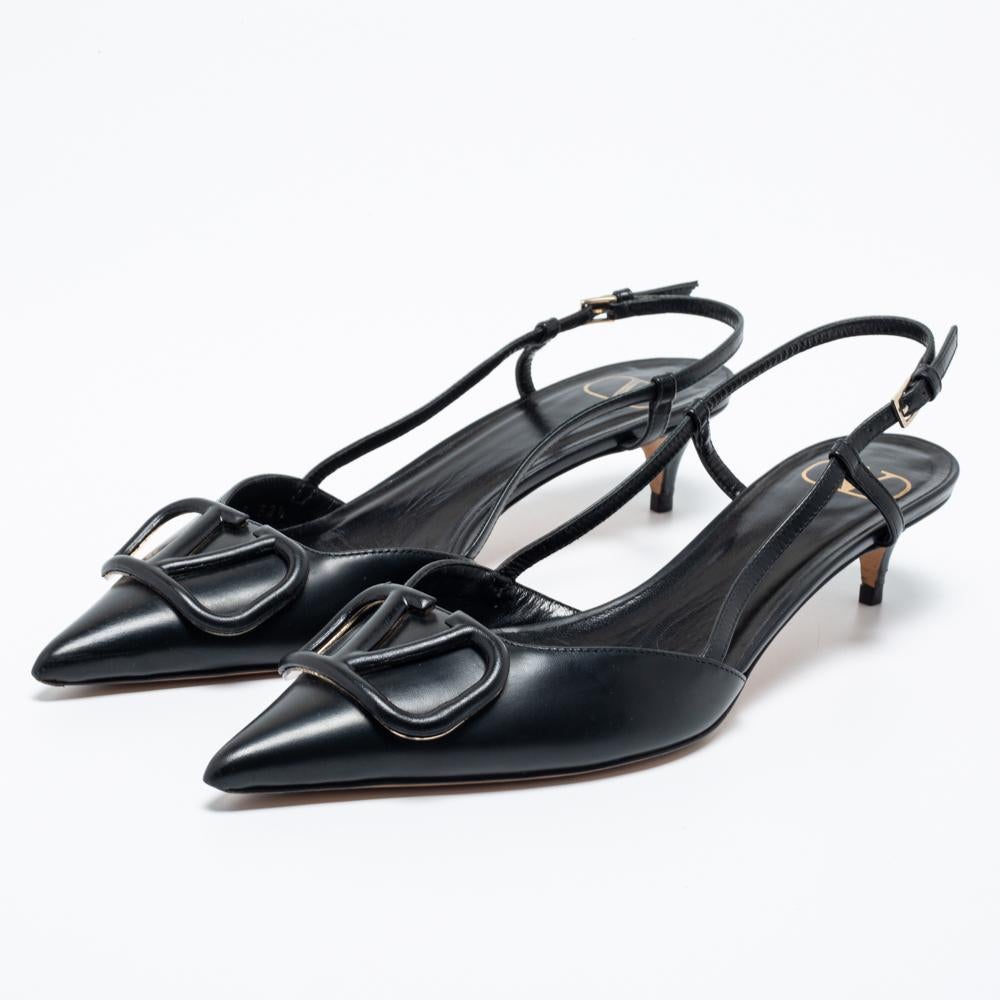 Valentino Black Leather VLogo Slingback Pumps Size 38.5 1