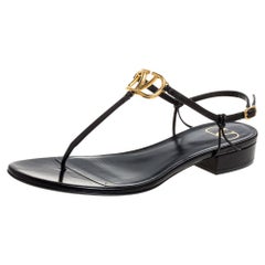 Valentino Black Leather VLogo Thong Sandals Size 38