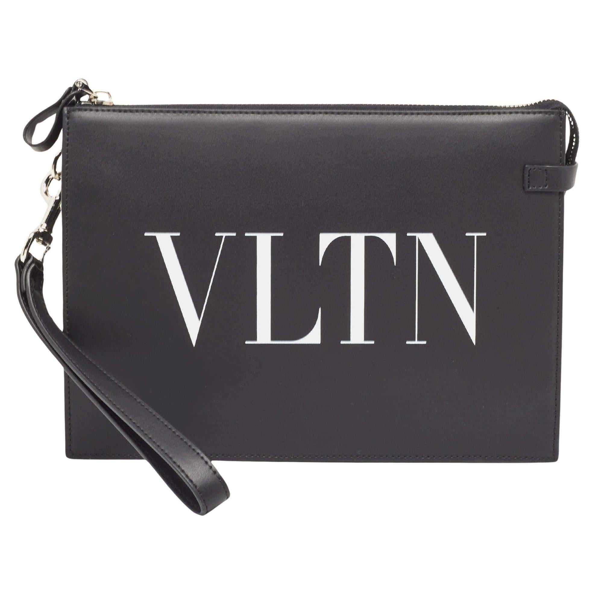 Valentino Black Leather VLTN Logo Wristlet Clutch For Sale