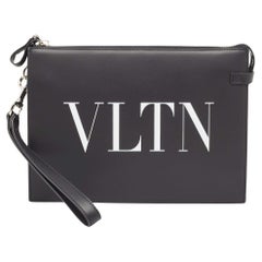 Used Valentino Black Leather VLTN Logo Wristlet Clutch