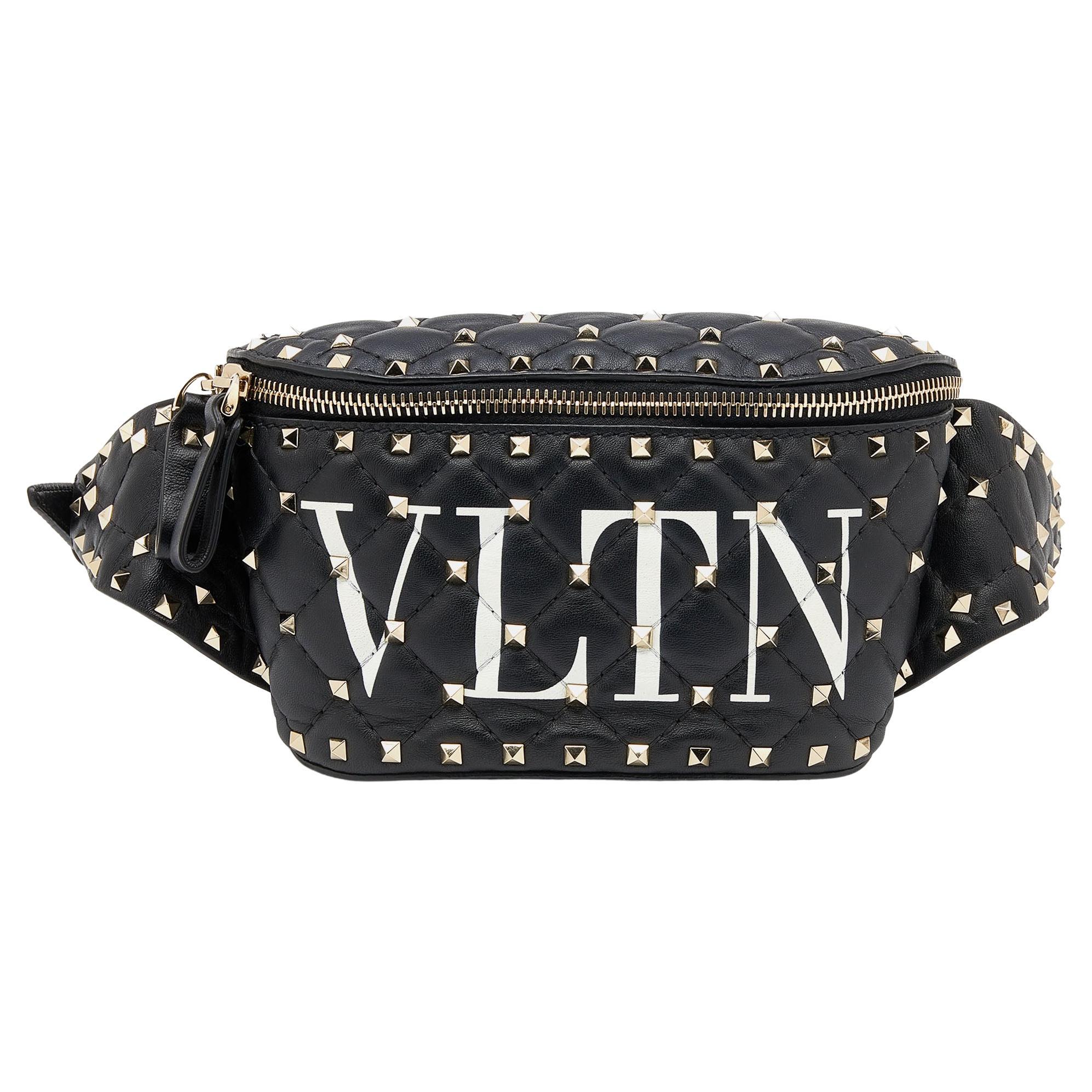 Valentino Black Leather VLTN Rockstud Belt Bag