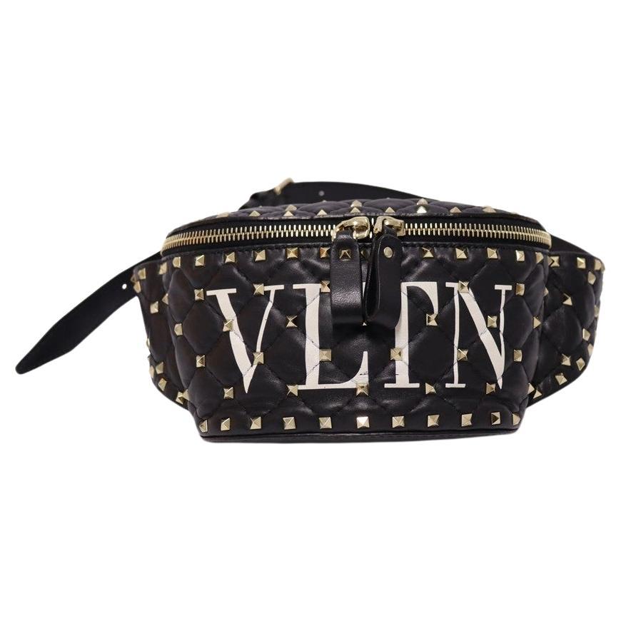 Valentino Black Leather VLTN Rockstud Bum Bag For Sale